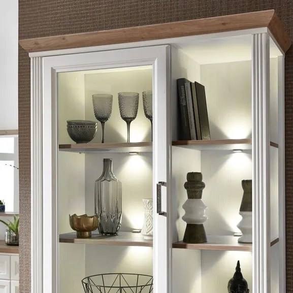 Vitrina cu 3 usi si 1 sertar Jasmine, Pin Alb si Pin Antic, 93 Cm
