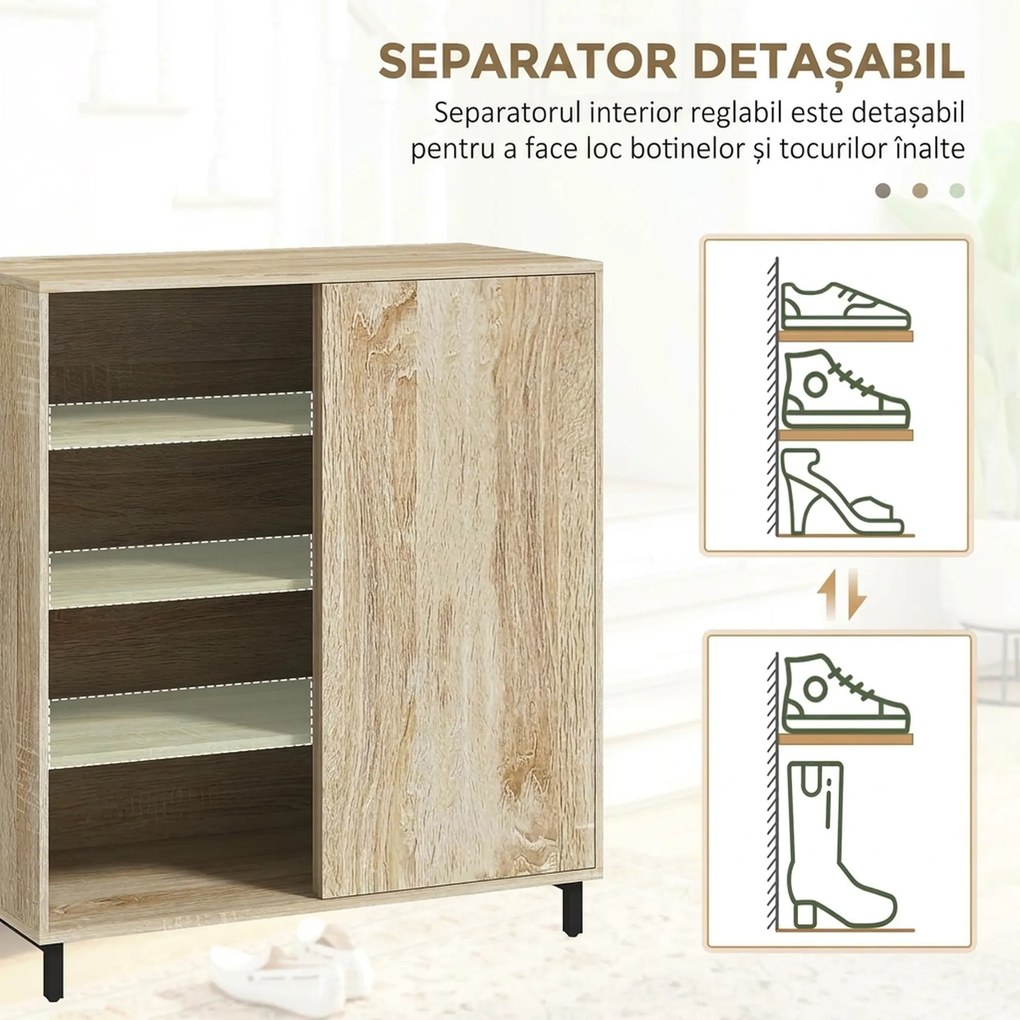HOMCOM Dulap pentru Pantofi pe 4 Niveluri din PAL și Oțel cu Ușă Glisantă și Rafturi Reglabile, 80x40x93 cm, Lemn Natural | Aosom Romania
