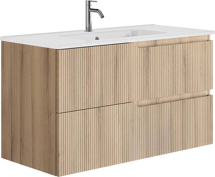 Set dulap baza suspendat Gala Canaletto 2 sertare 100 cm finisaj lemn bej si lavoar Luc alb