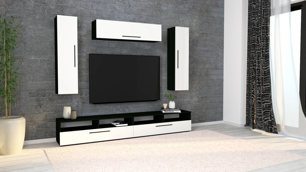 Living haaus Haga V19, Alb Lucios/Negru, MDF, L 240 cm