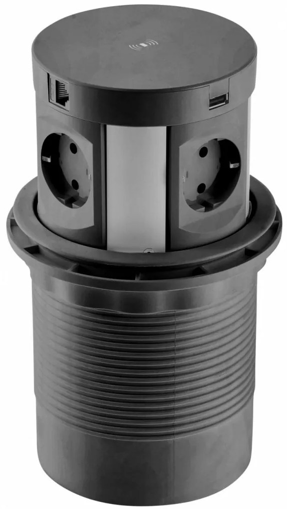 Priza incorporabila turn, 4 prize schuko, 2 porturi USB A, 2 porturi RJ45 cat 6, incarcare Wireless 5 W, cablu 1.5 m, neagra, GTV, Gaura Montaj 120mm