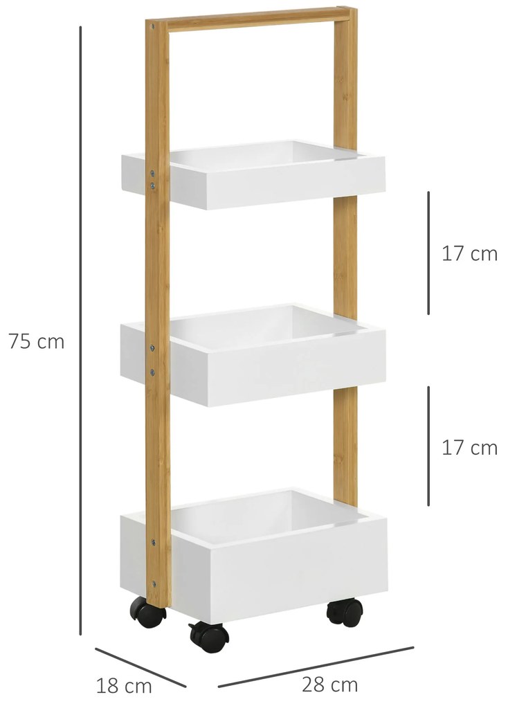 HOMCOM Cărucior de depozitare cu 3 nivele, etajeră ușor de asamblat pentru baie bucătărie birou 28 x 18 x 75 cm alb | Aosom Romania