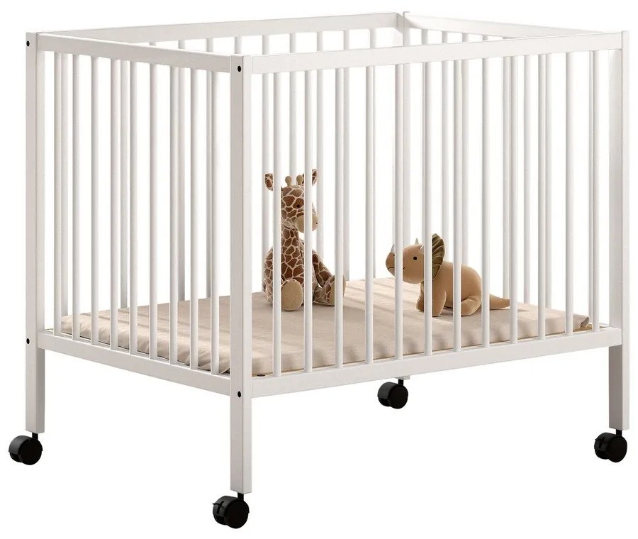 Țarc pentru copii alb din lemn de fag cu înălțime reglabilă/cu roți 95x75 cm Dino – Vipack