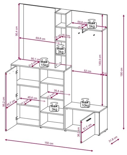 Panou de hol cu oglindă KEVIN, maro/negru
