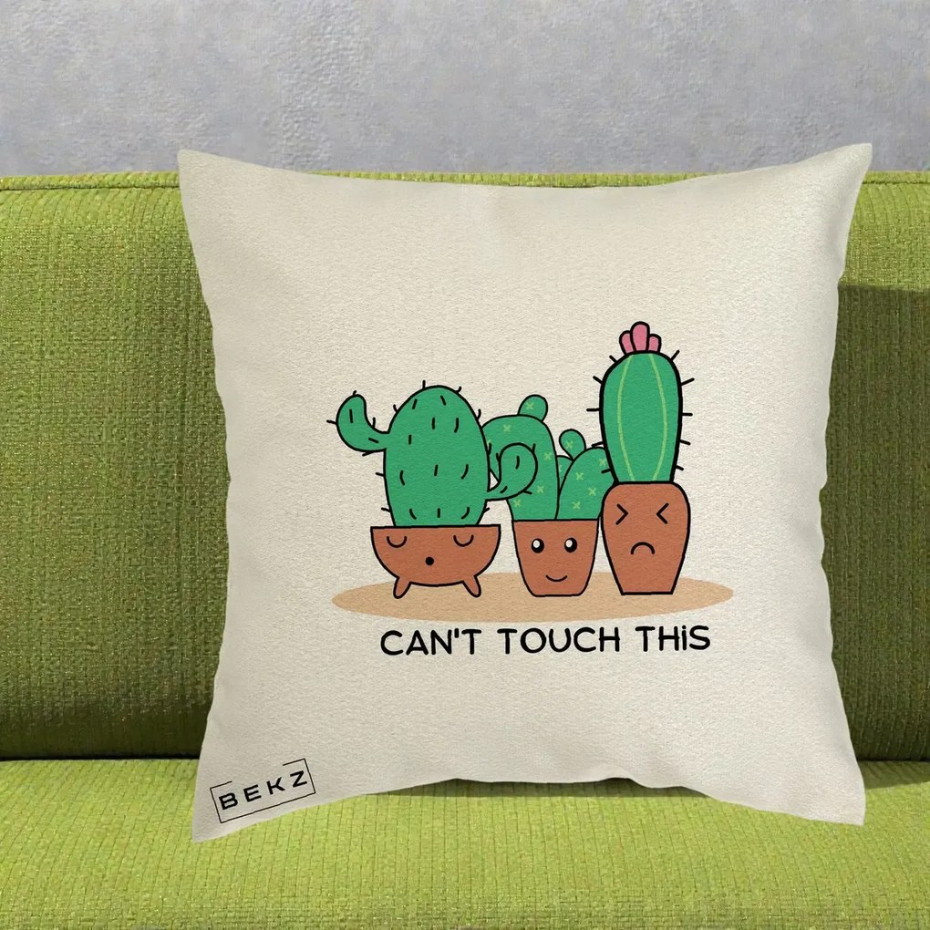 Perna Decorativa Cactus Funny Can't Touch This, 40x40 cm, Ecru, Husa Detasabila, Perna Inclusa, BEKZ®