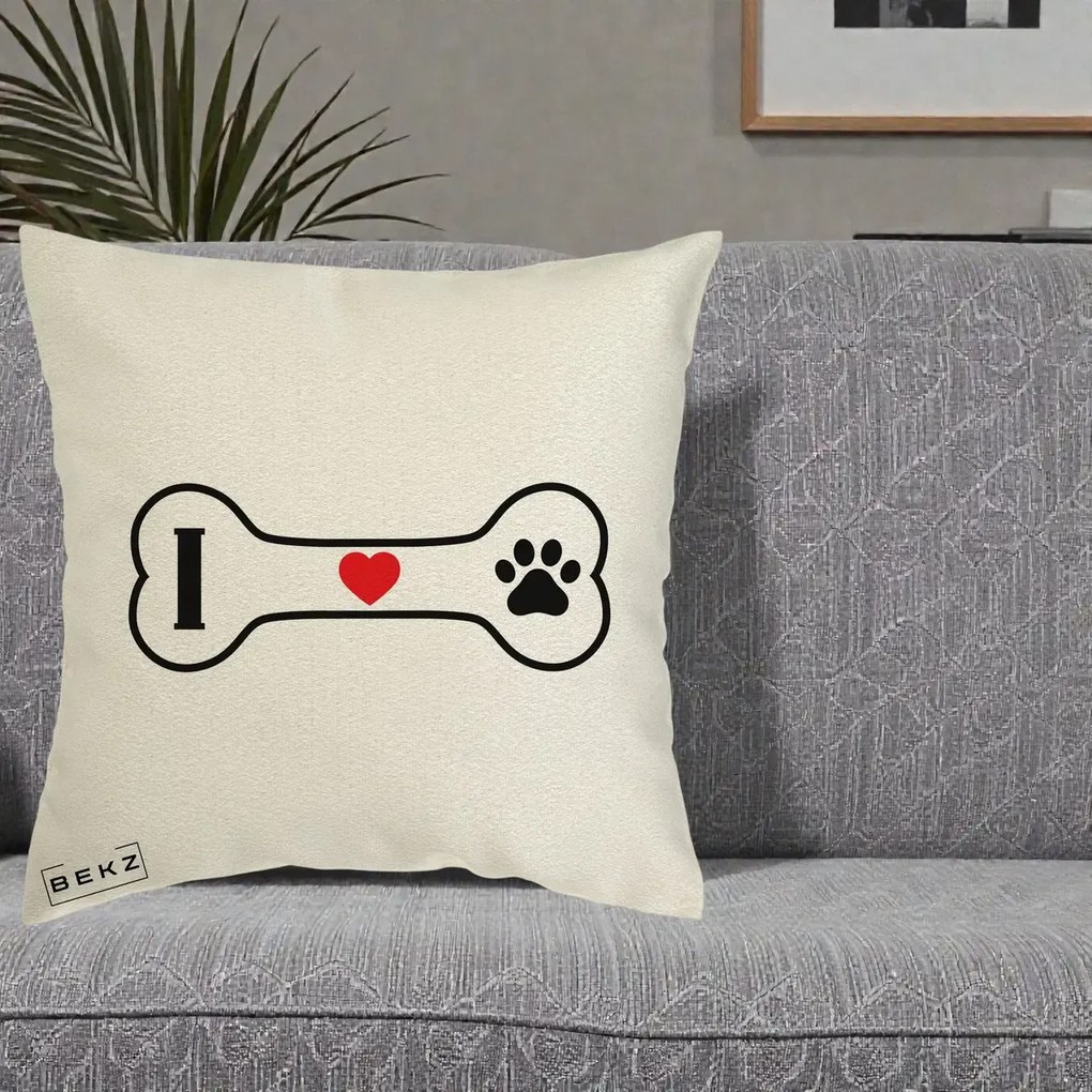 Perna Personalizata I Love Dog Os si Labuta, 40x40 cm, Ecru, Husa Detasabila, Perna Inclusa, BEKZ®