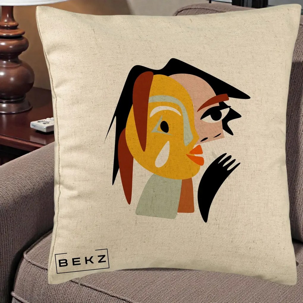 Perna Decorativa Portret Abstract Galben-Ocru, 40x40 cm, Bej, Husa Detasabila, Perna Inclusa, BEKZ®