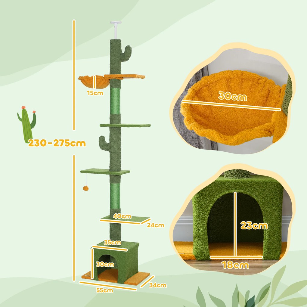 PawHut Ansamblu de Zgâriat pentru Pisici cu Fixare în Tavan, 230-275 cm, Hamac, Căsuță, Stâlpi din Sisal, Verde | Aosom Romania
