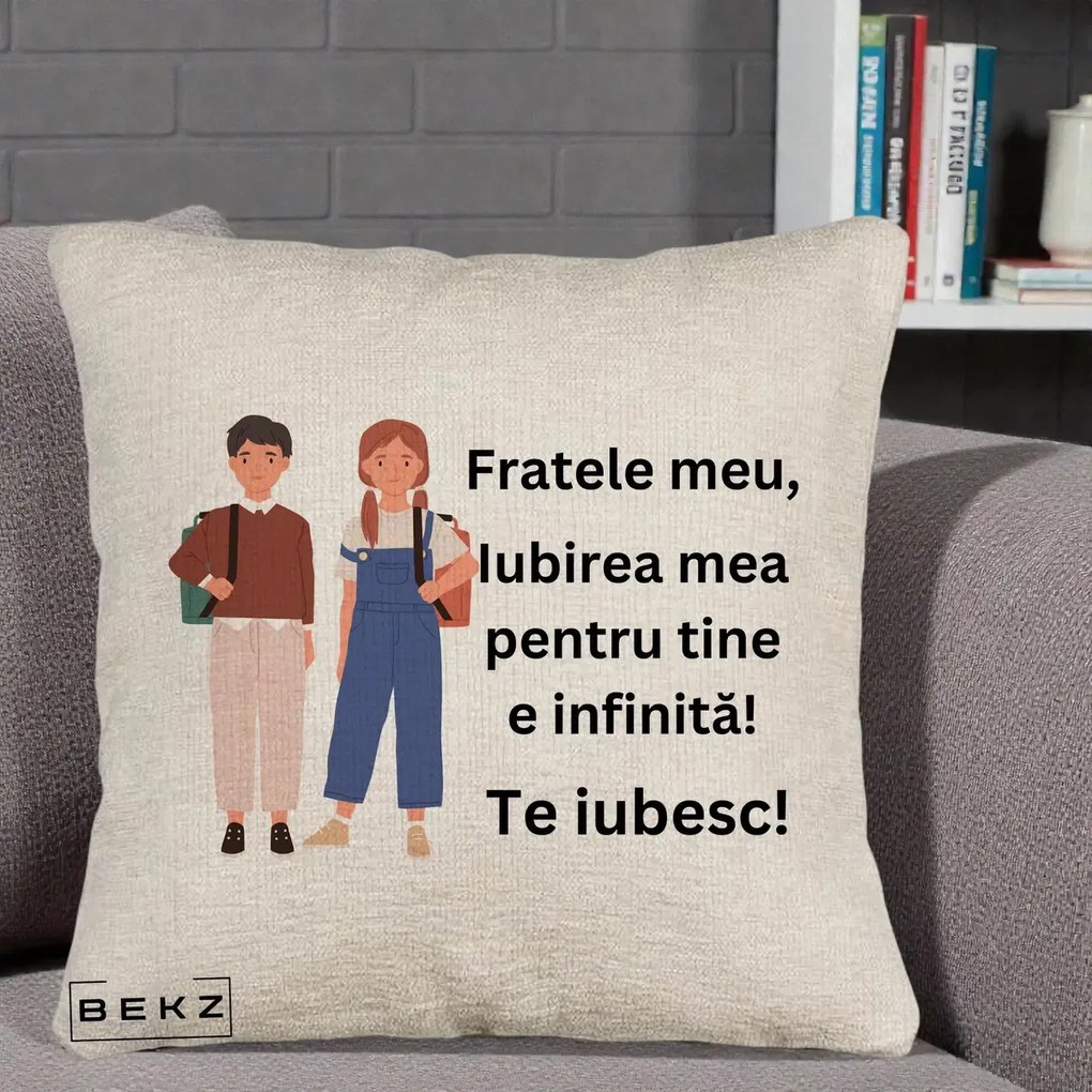 Cadou pentru Frate - Perna Personalizata Fratele Meu Te Iubesc Elevi Ilustratie Colorata, 40x40 cm, Bej Canapea, Husa Detasabila, Perna Inclusa, BEKZ®