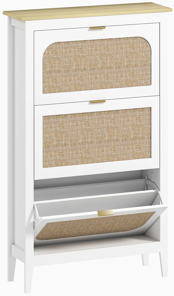 HOMCOM Dulap pentru încălțăminte 21 perechi boem cu 3 sertare rabatabile, uși cu efect cannage ratan, 80 x 24 x 131 cm, alb | Aosom Romania