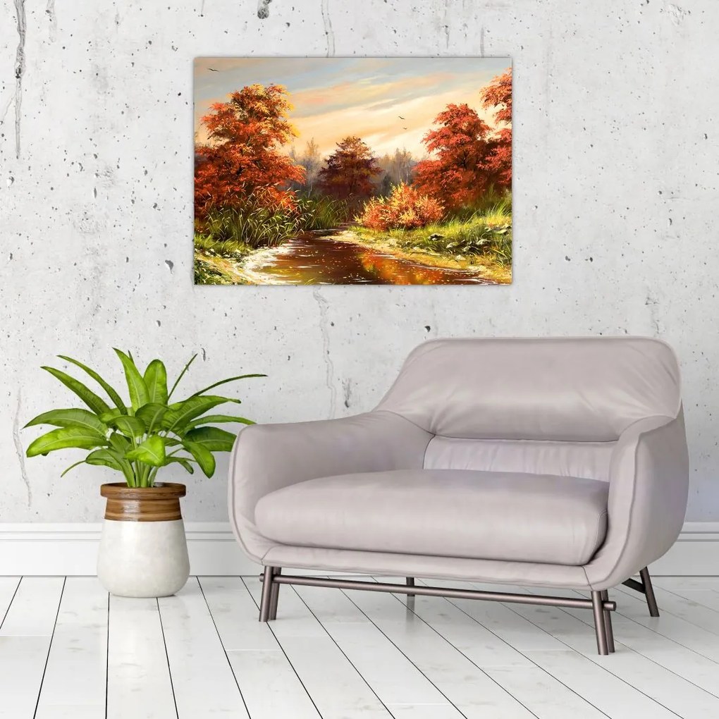 Tablou pe sticlă - Râu în peisaj de toamnă (70x50 cm)