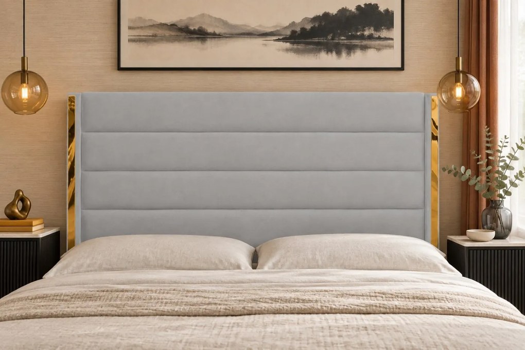 Pat tapițat din catifea Veyra 160×200 cm, gri deschis, detalii aurii, cu ladă de depozitare