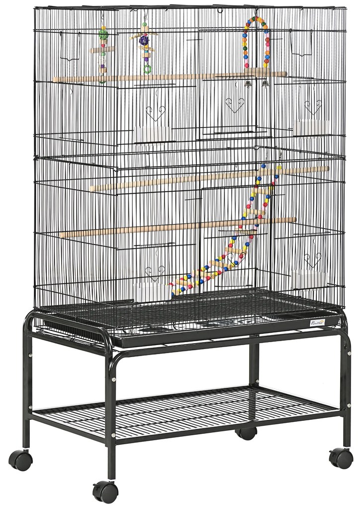 PawHut Colivie pentru Păsări cu Stinghii, Jucării, Recipiente Alimentare și Tavă Detașabilă, 79x49x133 cm, Negru | Aosom Romania