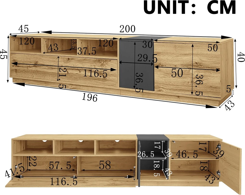 Comodă TV în culori contrastante, 200x45x45 cm, Culoare naturală+Gri