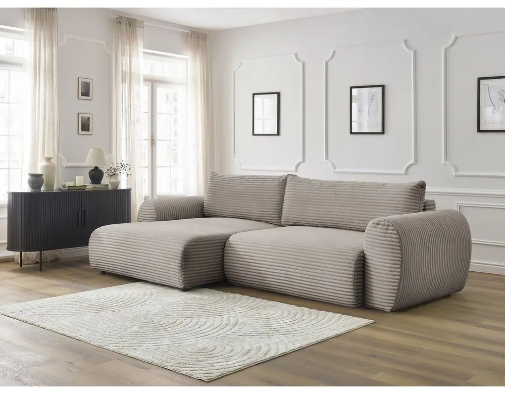 Colțar gri deschis/bej extensibil cu tapițerie din catifea reiată (cu colț pe partea stângă ) Lucien – Bobochic Paris