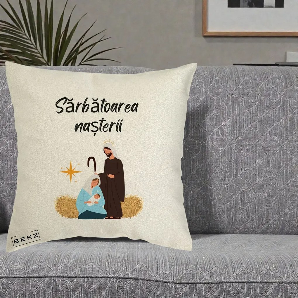 Perna Decorativa Nasterea Domnului Sfanta Familie Sarbatoarea Nasterii, 40x40 cm, Ecru, Husa Detasabila, Perna Inclusa, BEKZ®