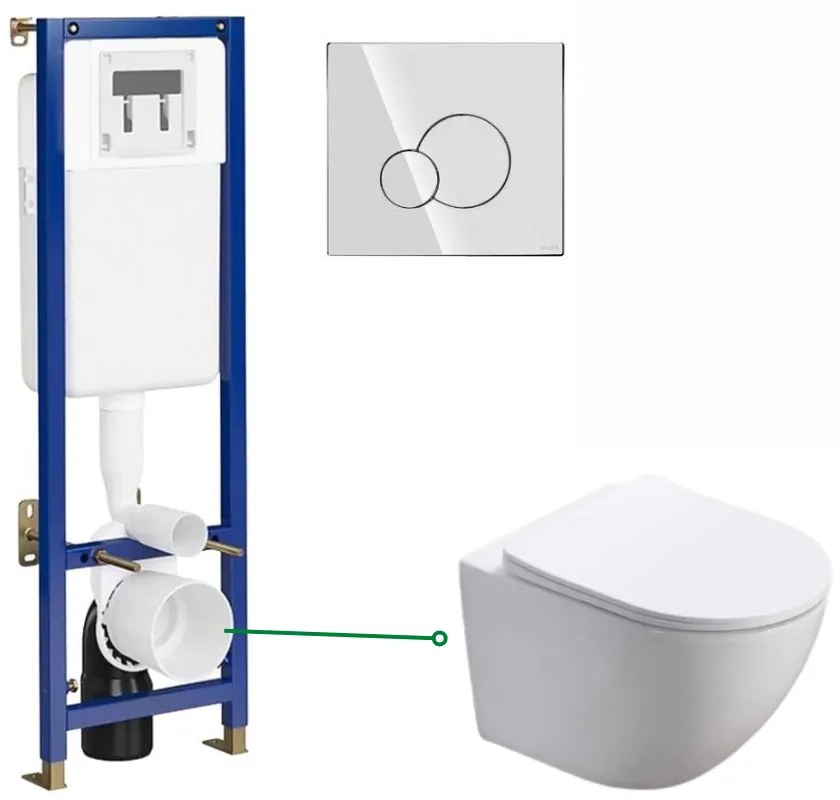 Set vas wc vortex suspendat, rotund, Foglia Oslo, rezervor incastrat cu clapeta crom lucios, Cersanit Tech Line Base