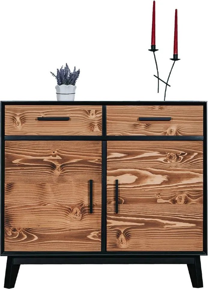 Bufet lemn masiv Timeless 2 Sertare 2 Uși Negru, 98 × 45 × 85 cm