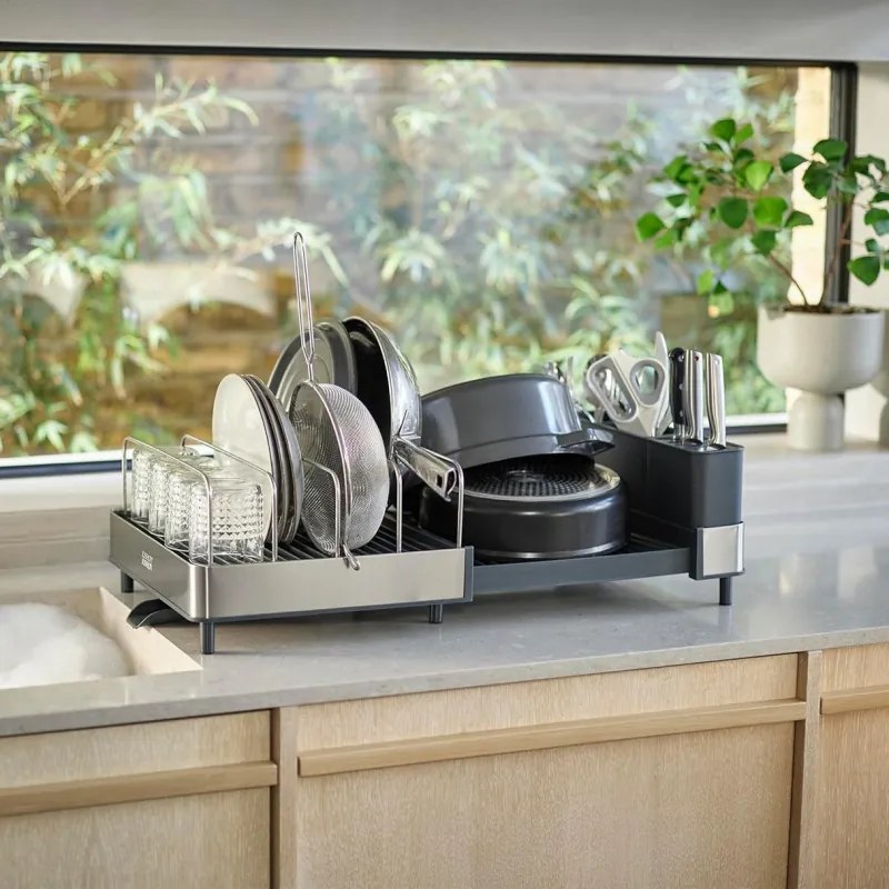 Uscător de vase Joseph Joseph 851690, Extensibil, Scurgere, Compartiment pentru cuțite, Pliabil, Gri închis/inox