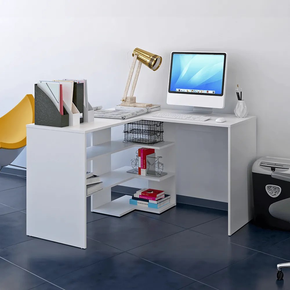 Birou pentru colt , pal alb , 120 x 120 cm, 50 cm adancime, cu rafturi 120 cm, 120 cm, alb