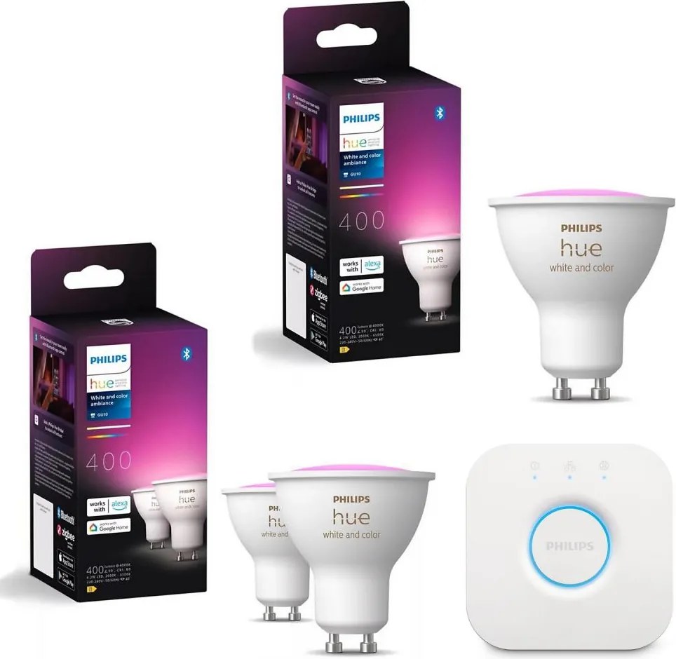 Set 3x becuri LED RGBW reglabile Philips Hue WACA GU10/4,2W/230V+ Hue Bridge
