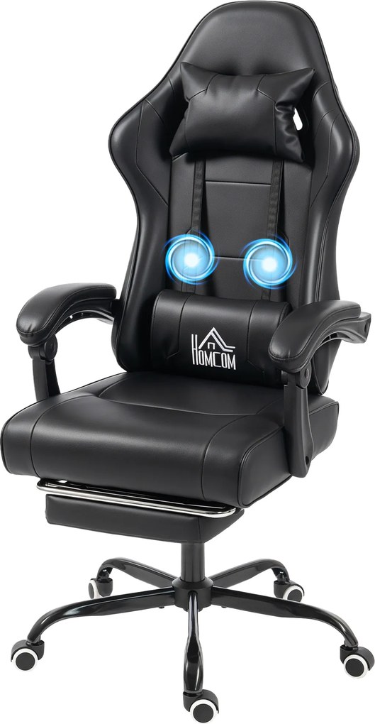 HOMCOM Scaun de gaming ergonomic, fotoliu gamer cu suport lombar masaj, spătar înclinat, înălțime reglabilă, negru | Aosom Romania