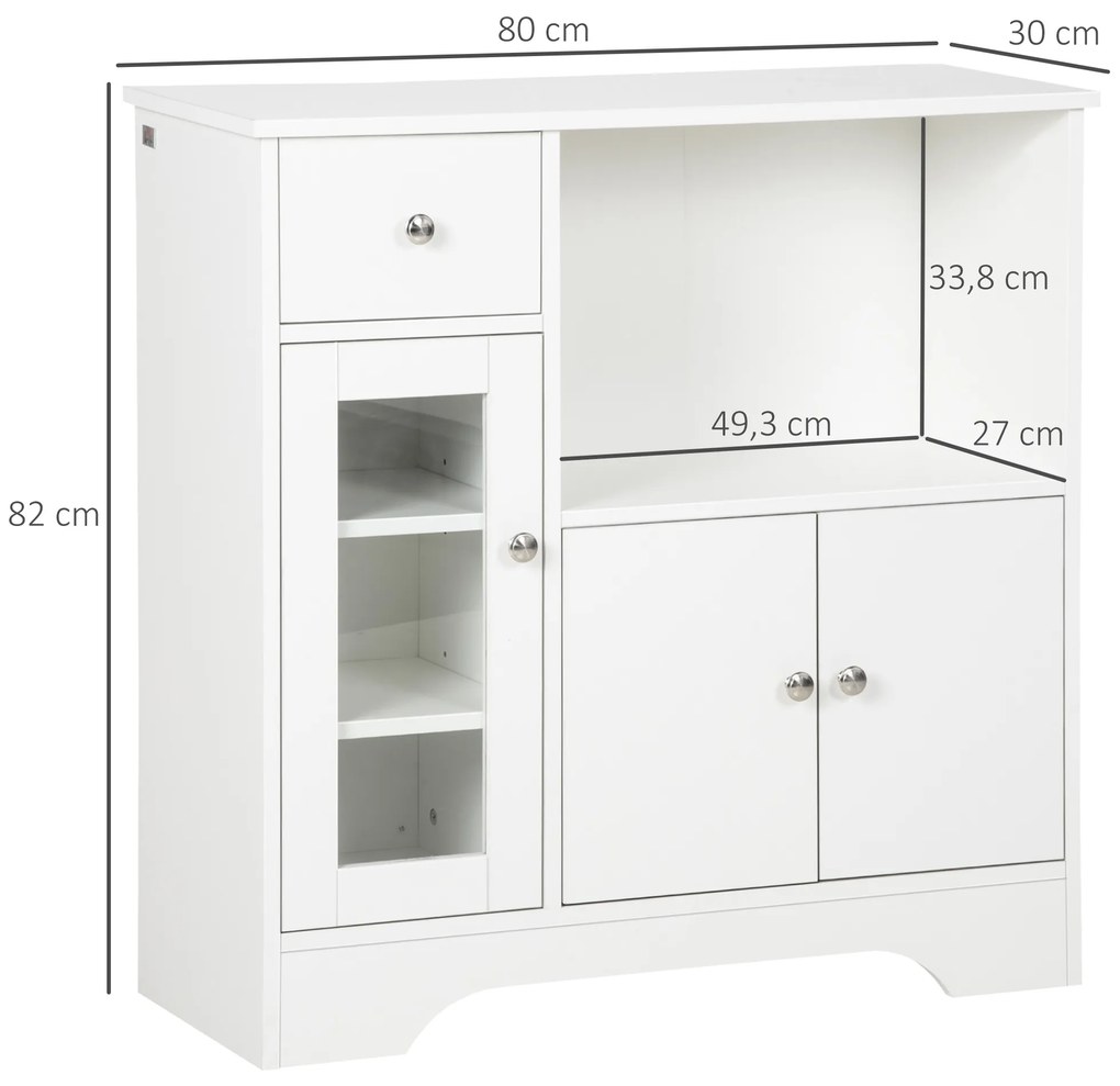 HOMCOM Bufet de bucătărie modern cu ușă din sticlă, sertar, spațiu mare și rafturi reglabile 80 x 30 x 82 cm alb | Aosom Romania