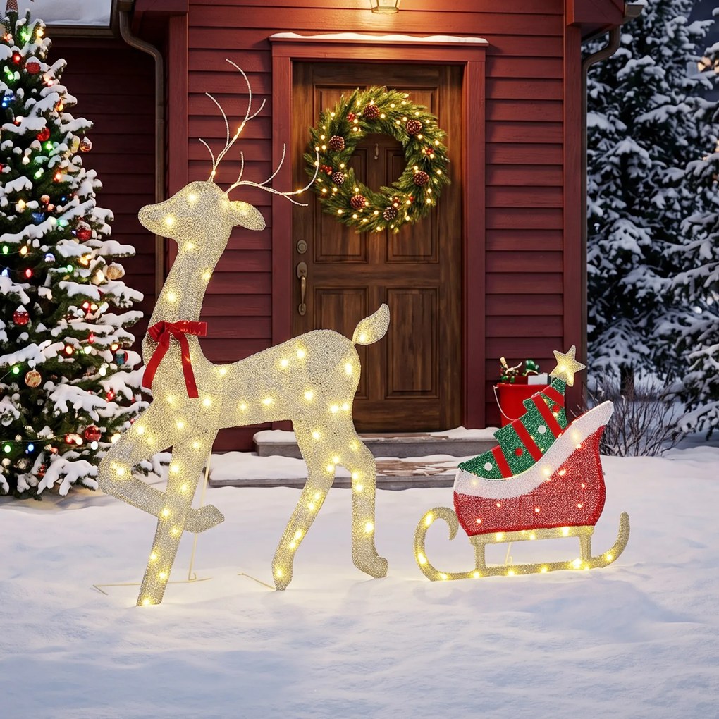 Outsunny Ren de Crăciun Iluminat cu Sanie, 95 LED-uri, Înălțime 125 cm, Auriu | Aosom Romania