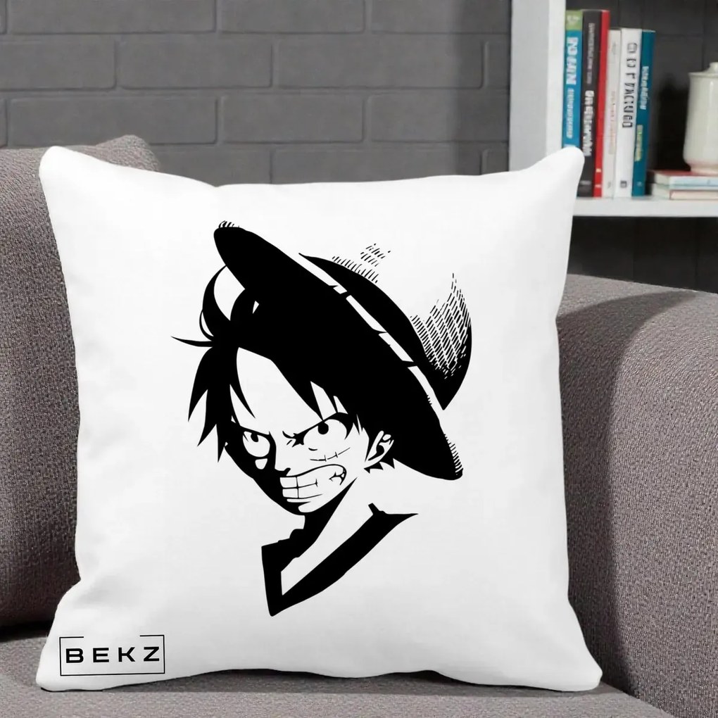 Perna Personalizata One Piece Luffy Silueta Alb-Negru, 40x40 cm, Alba Mata, Husa Detasabila, Perna Inclusa, BEKZ®