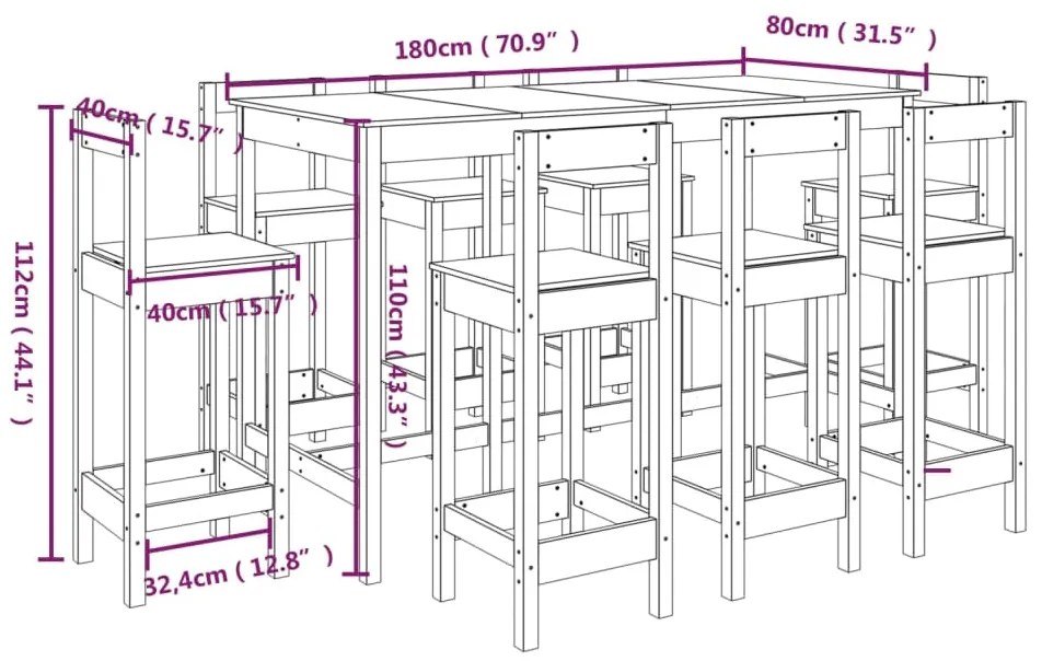 Set mobilier de bar, 9 piese, alb, lemn masiv de pin