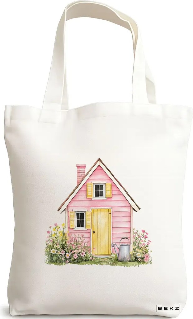 Sacosa de Panza pentru Cumparaturi, Geanta Tote, model The pink house 38 x 34.5 cm, Alba, BEKZ®