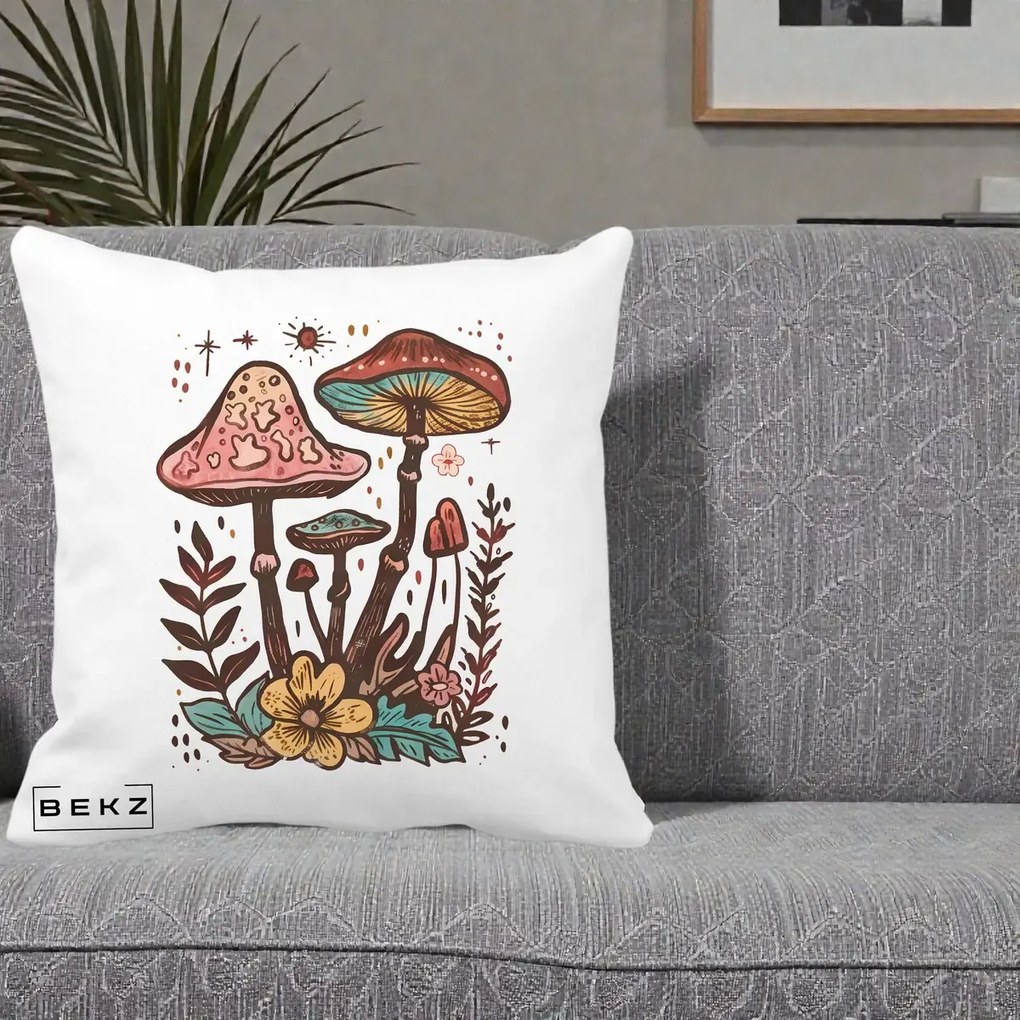 Perna Decorativa Ciuperci Boho Multicolore, 40x40 cm, Alba Mata, Husa Detasabila, Perna Inclusa, BEKZ®