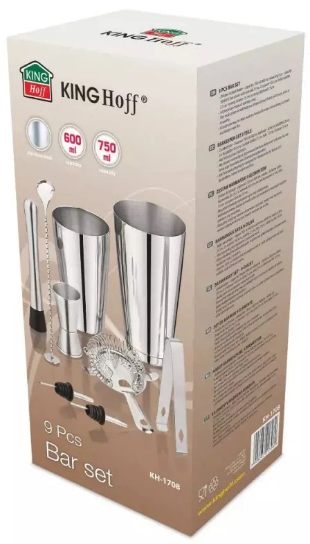 Set shakere si accesorii pentru cocktail Kinghoff KH 1708, 9 buc, 600/750 ml, Inox