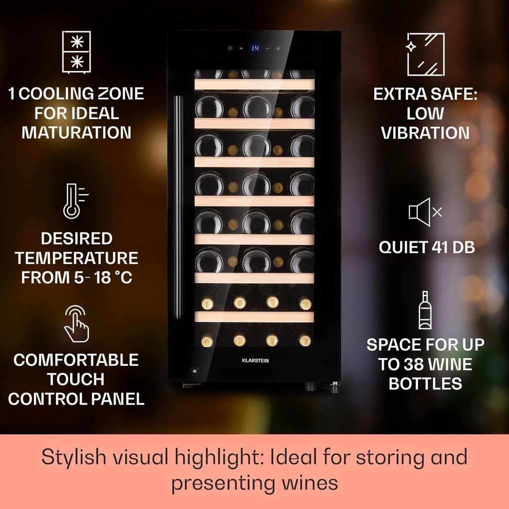Klarstein Barossa 38 Uno, frigider pentru vin, 1 zonă, 94 litri/38 sticle, ecran tactil