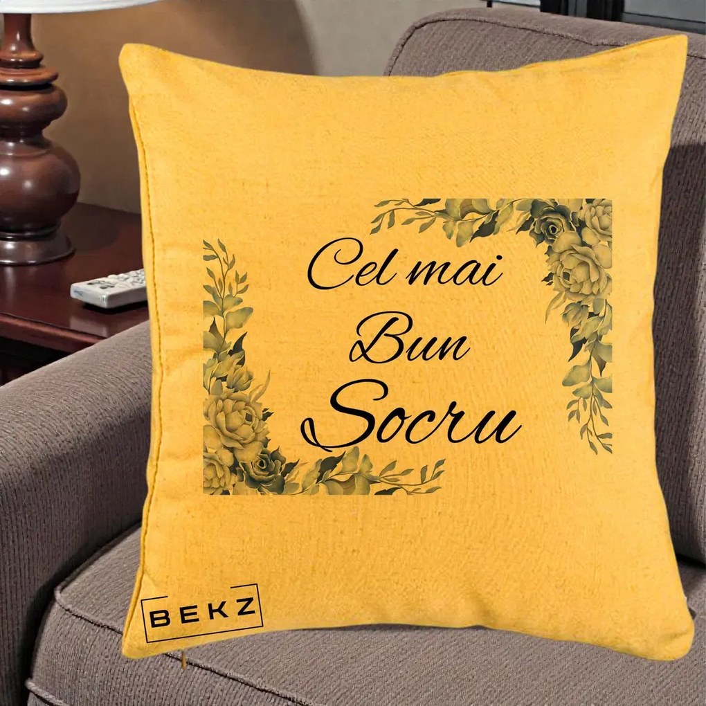 Cadou pentru Socru - Perna Personalizata Cel mai Bun Socru cu Flori Albastre Acuarela, 40x40 cm, Galben, Husa Detasabila, Perna Inclusa, BEKZ®
