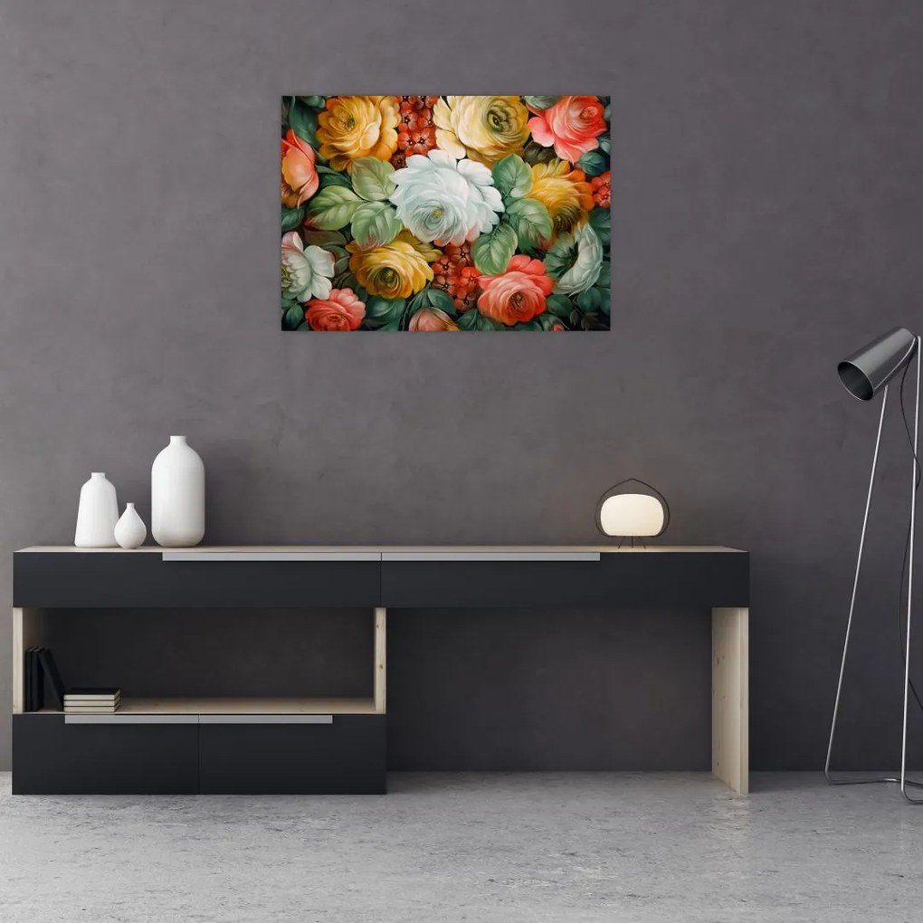 Tablou pe sticlă cu buchet pictat de flori (70x50 cm)