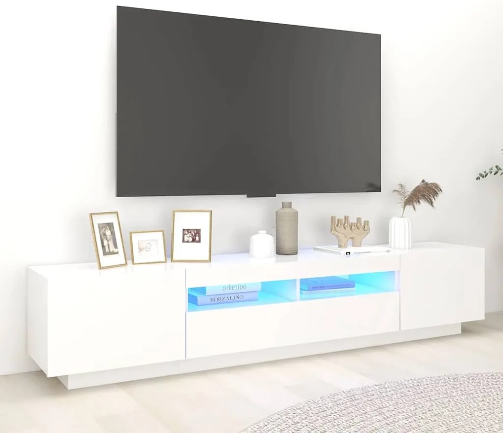 vidaXL Comodă TV cu lumini LED, alb, 200x35x40cm