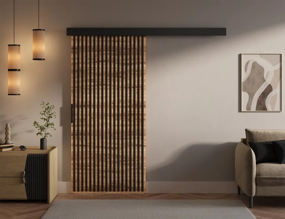 Ușă glisantă Perion – 96x1.6x205 cm – Stejar Wotan / Negru