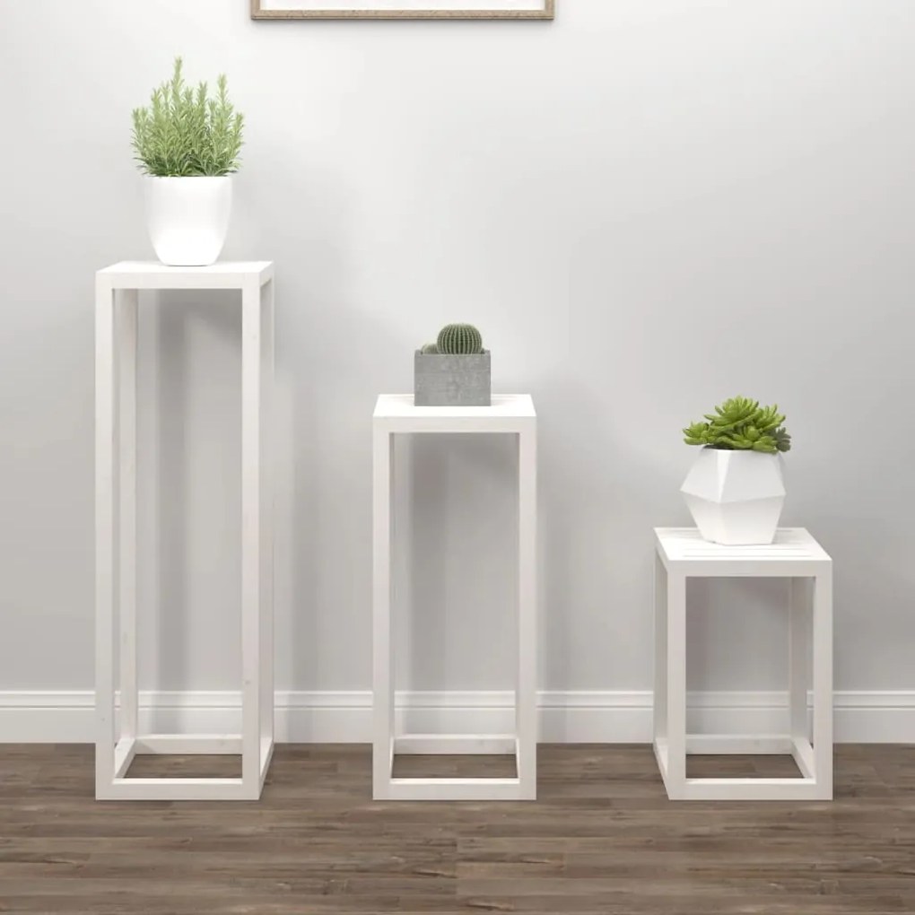 vidaXL Set suport de plante, 3 piese, alb, lemn masiv de pin