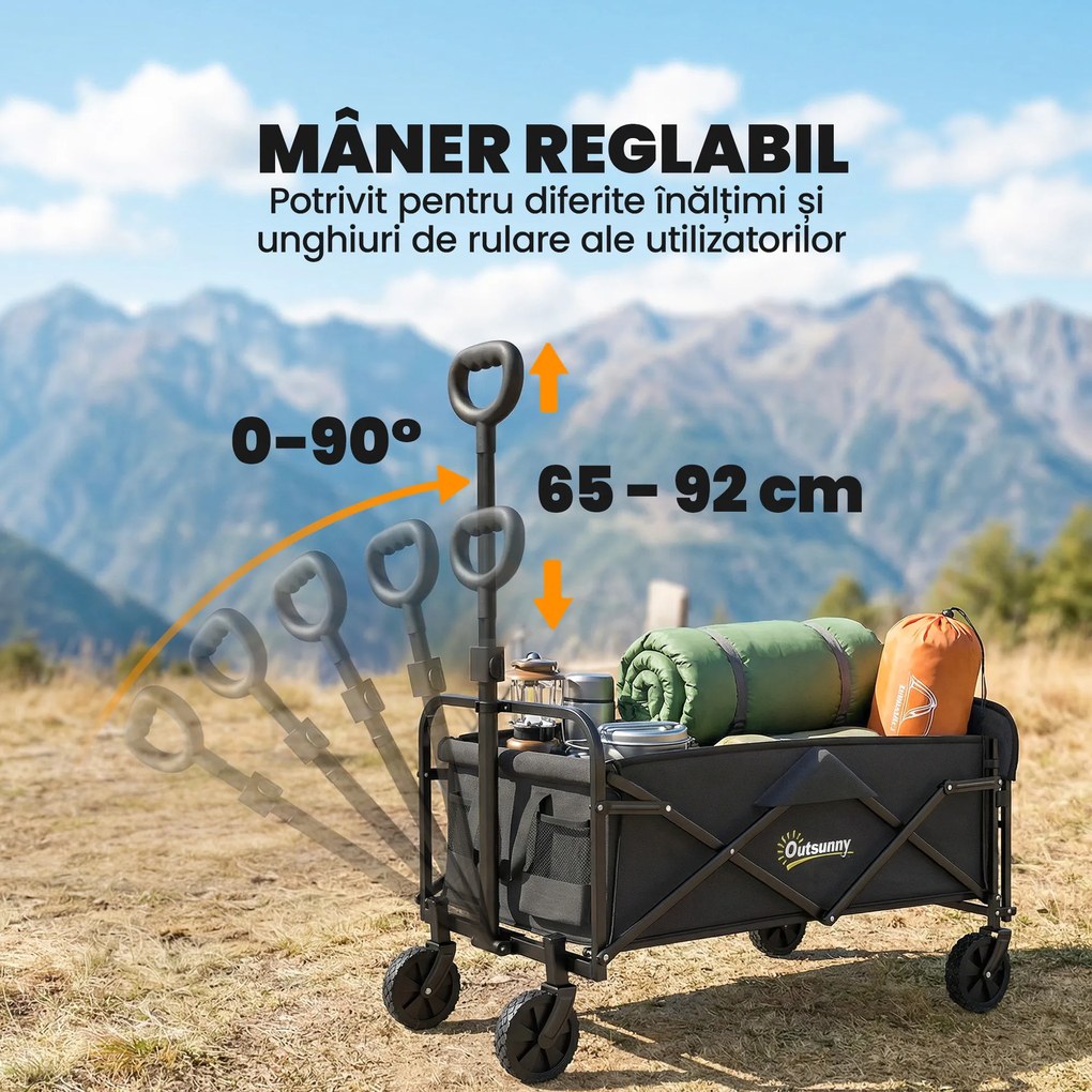 Outsunny Cărucior de Grădină 72L Pliabil cu Mâner Reglabil, din Oțel și Material Oxford, 114x46x92 cm, Negru | Aosom Romania