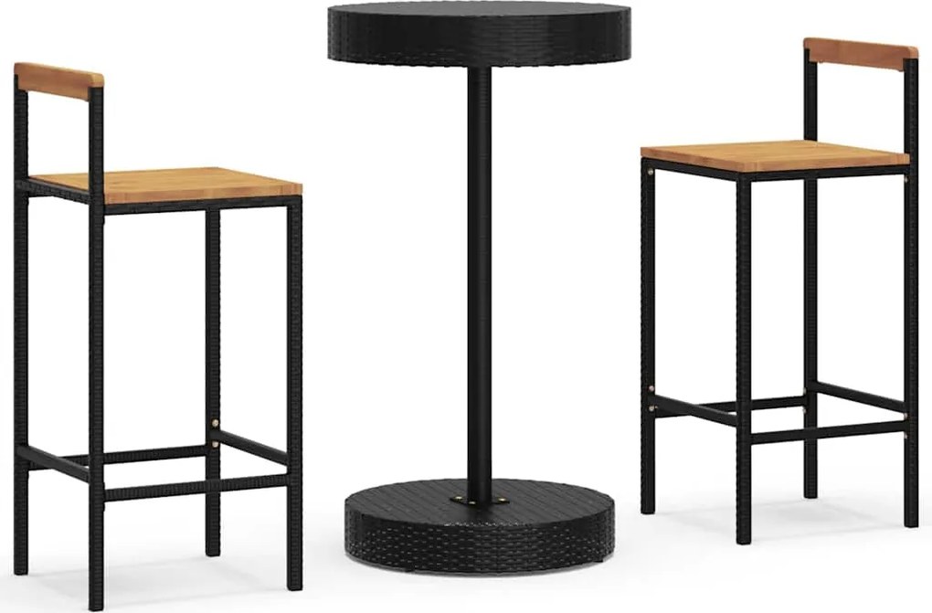 vidaXL Set bar pentru grădină, 3 piese, negru, poliratan/lemn acacia
