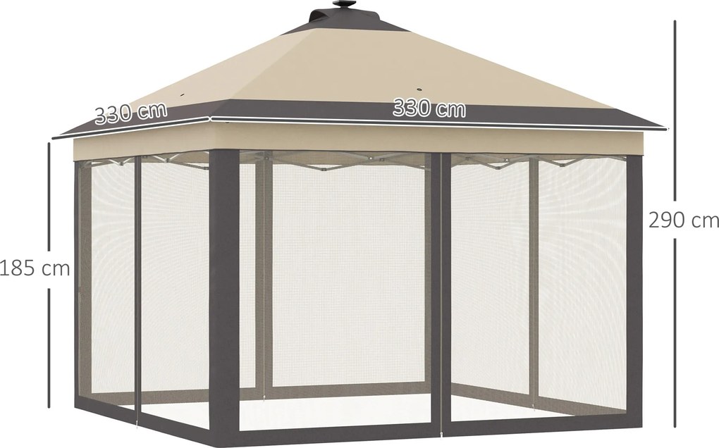 Outsunny Cort pliabil cu lumini LED 330x330 cm Pavilion de grădină cu telecomandă cu 4 plase anti-țânțari Înălțime reglabilă Bej | Aosom Romania