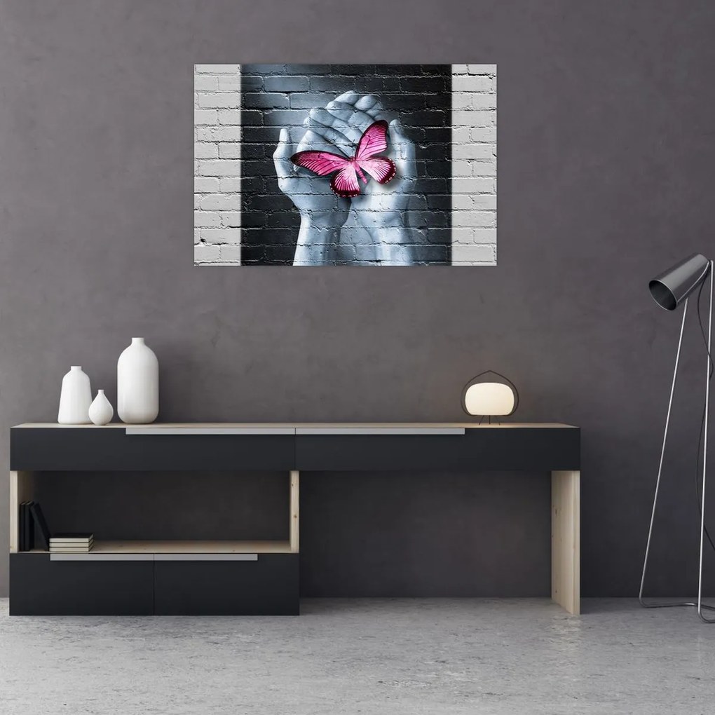 Tablou - Fluture roz în perete (90x60 cm)