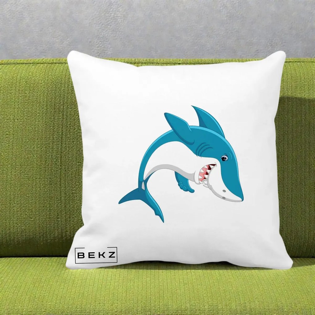 Perna Decorativa Rechin Albastru Cartoon, 40x40 cm, Alba Mata, Husa Detasabila, Perna Inclusa, BEKZ®