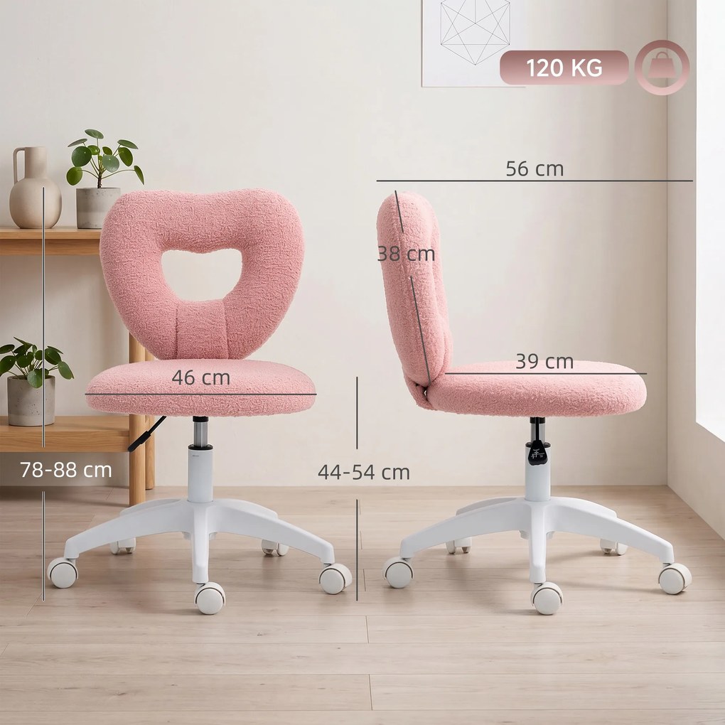 HOMCOM Scaun de Birou Rotativ cu Spătar în Formă de Inimă, Înălțime Reglabilă, Țesătură Teddy, 45x56x78-88 cm, Roz | Aosom Romania