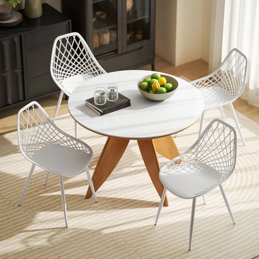 HOMCOM Set 4 Scaune Moderne cu Spătar Perforat din Plastic și Metal Alb | Aosom Romania