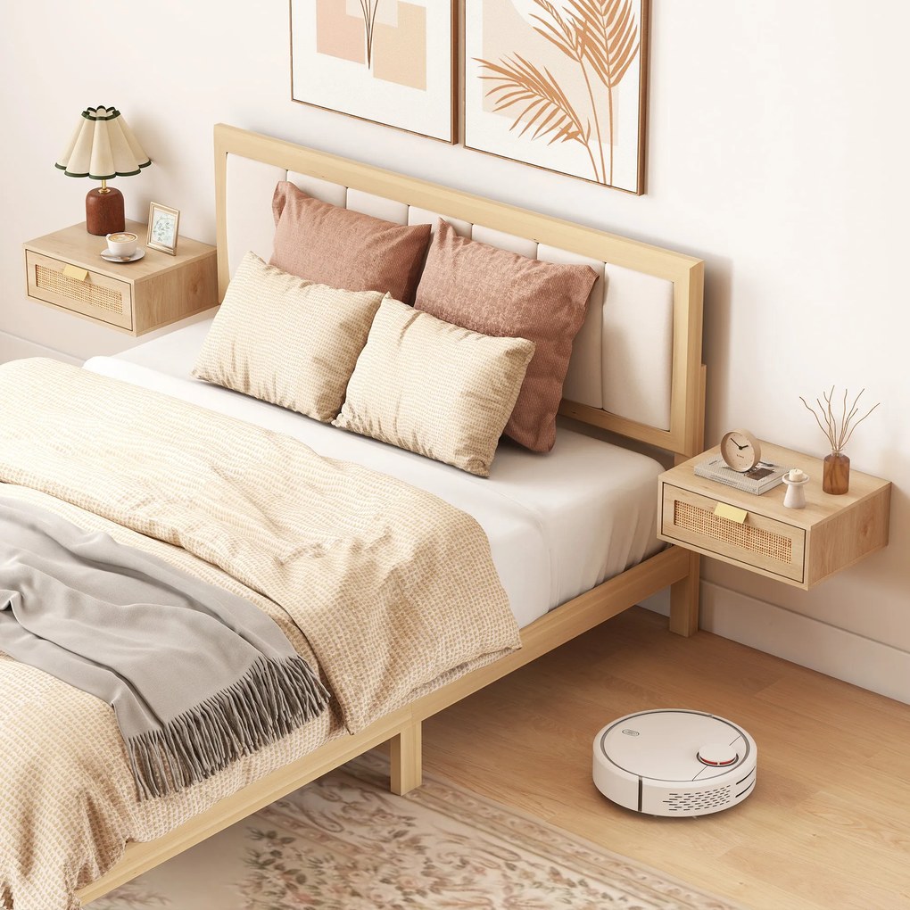 HOMCOM Set de 2 Noptiere Suspendate cu Sertar din Ratan Economisește Spațiu Design Modern 40x30x15 cm Natural | Aosom Romania