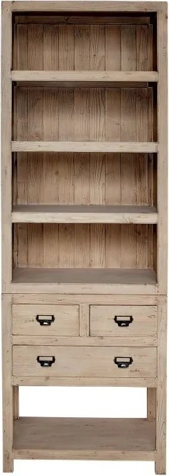 Bibliotecă cu sertare vintage din lemn de pin, natur, cu 4 rafturi deschise, 3 sertare și raft inferior, 230 x 78 x 45 cm, „Portland”