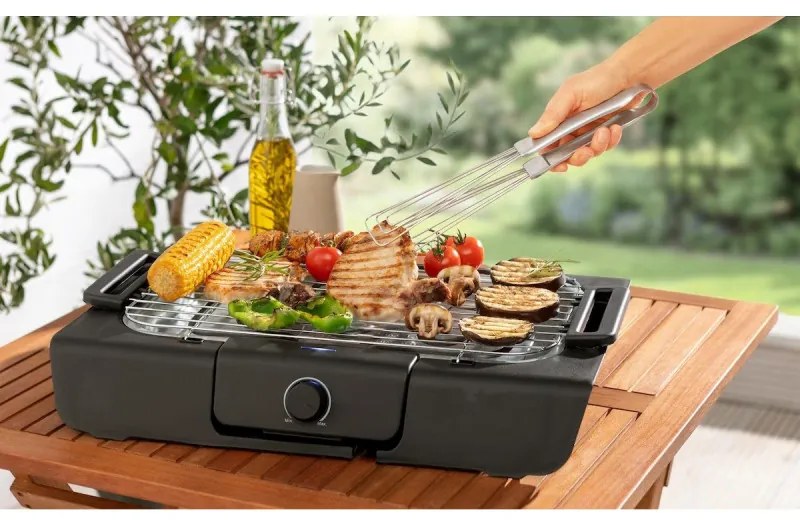 Gratar electric Royalty Line RL-SBGT2000, 2000W, 38x28 cm, Suport pliabil, 200°C, Termostat, Tava de scurgere, Negru