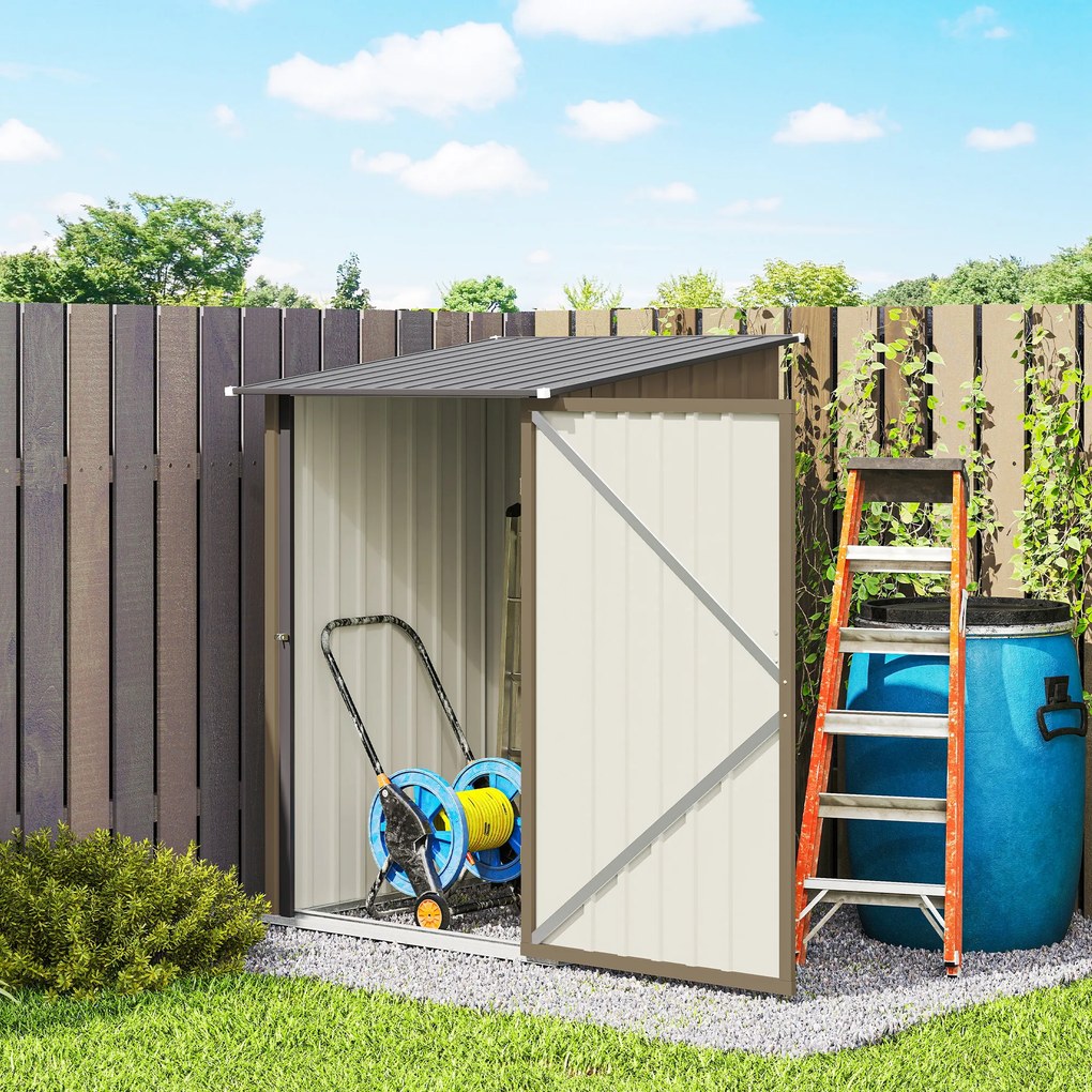 Outsunny Căsuță de Grădină 0.92m² din Oțel Galvanizat, Căsuță pentru Unelte cu Ușă Blocabilă și Acoperiș Înclinat, 100x104x160 cm, Maro și Gri Închis | Aosom Romania